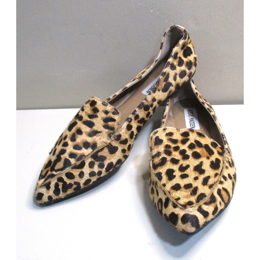 Steve Madden Featherl Leopard Print Cow Hair Pointed Toe Loafers Flats Size 6M